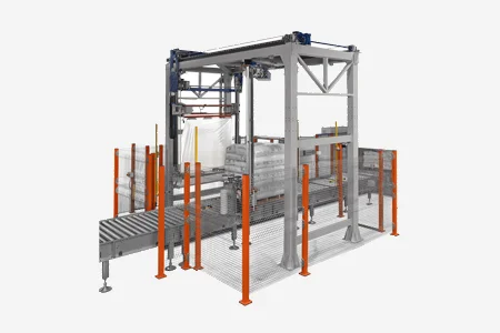 Pallet wrapping machine with rotating arm